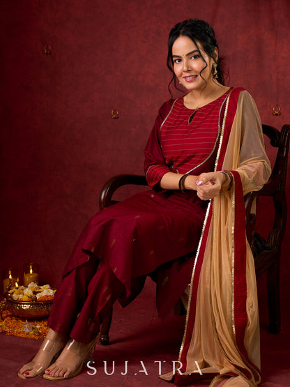 Elegant cotton silk pant in maroon with shimmering golden buttis