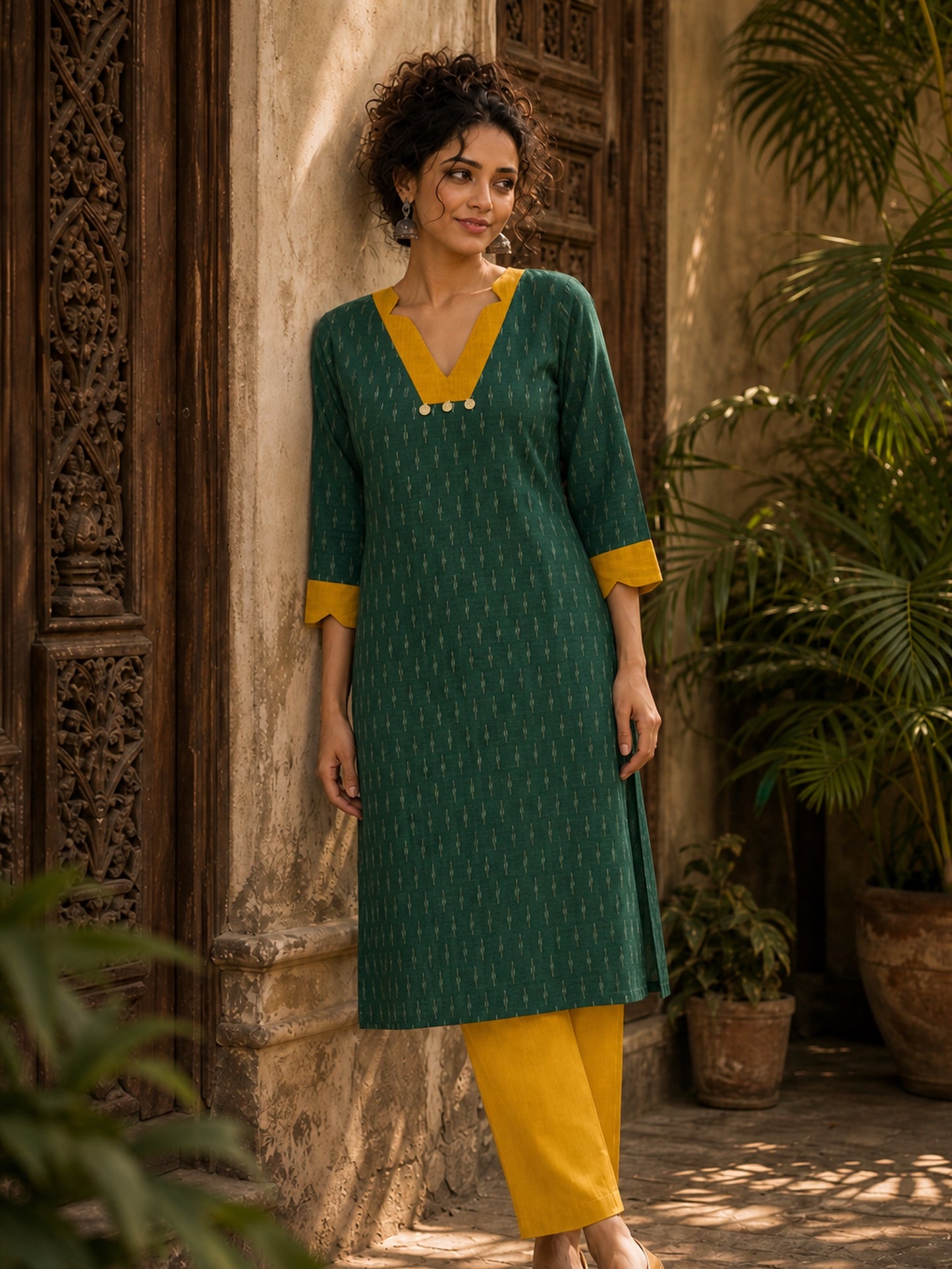 Classic Green Ikat Cotton Straight Kurta with Contrast Mustard V-Neckline & Scalloped Cuff Band