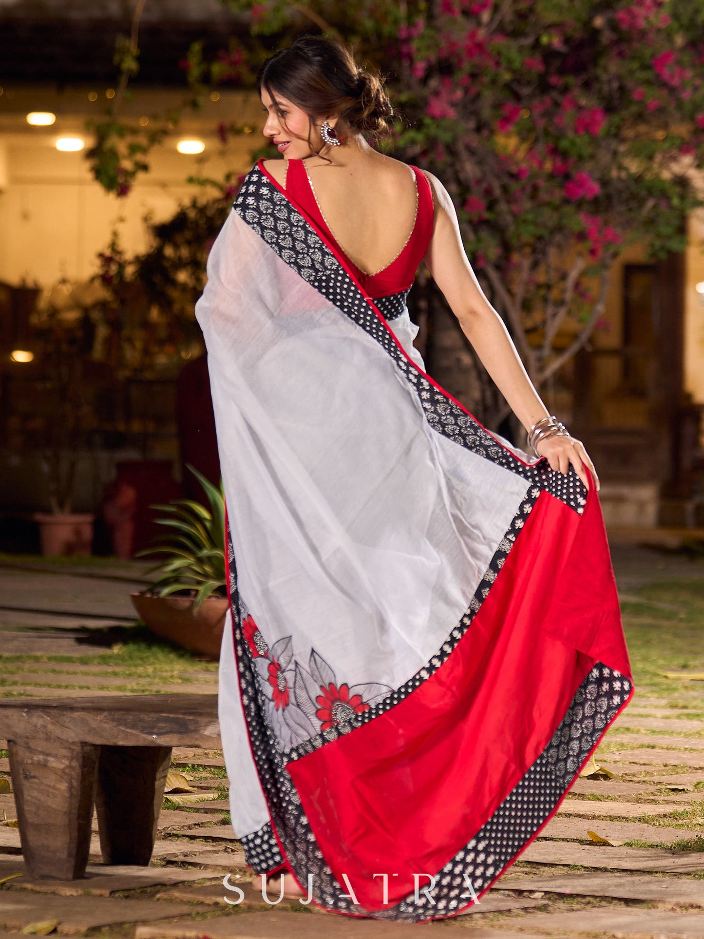 Classic White Chanderi Saree with Kantha Patchwork Blouse & Delicate Hand Painting