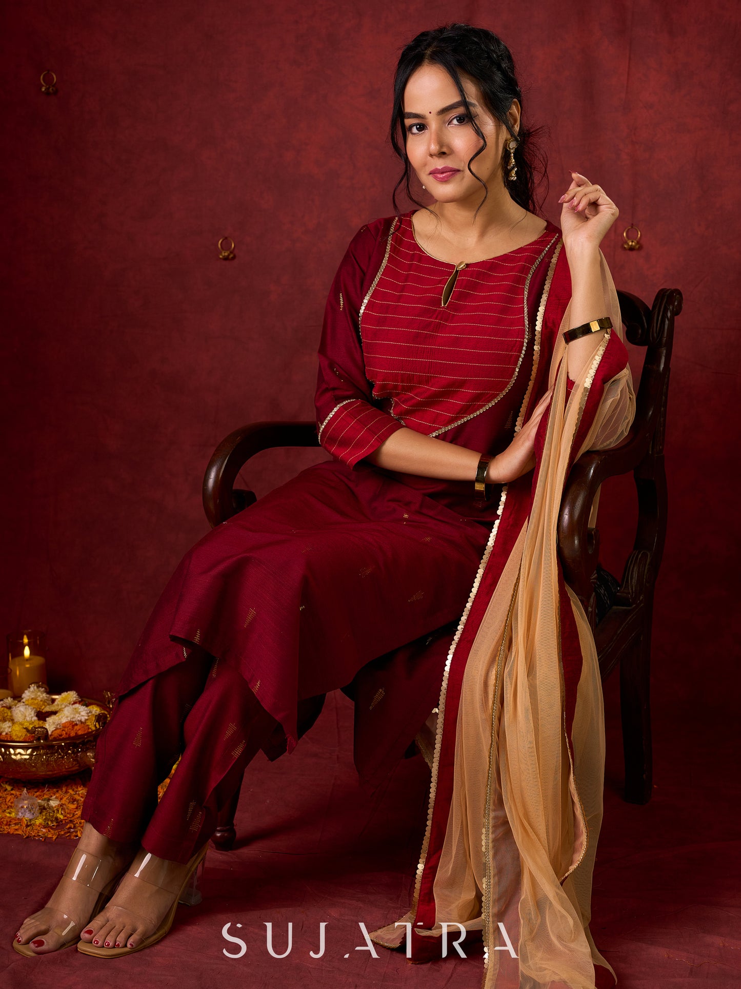 Elegant straight-cut kurta in maroon with shimmering golden buttis - Pant and Dupatta optional