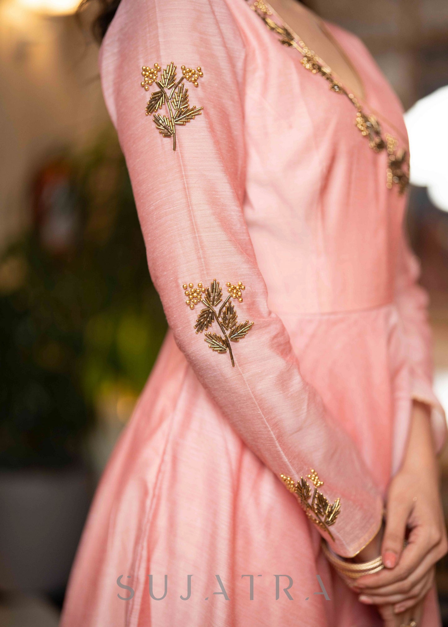 Classy Peach Chanderi Flared Kurta with hand embroidery