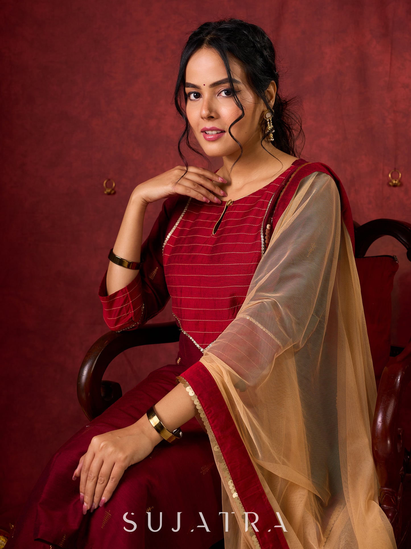 Elegant straight-cut kurta in maroon with shimmering golden buttis - Pant and Dupatta optional