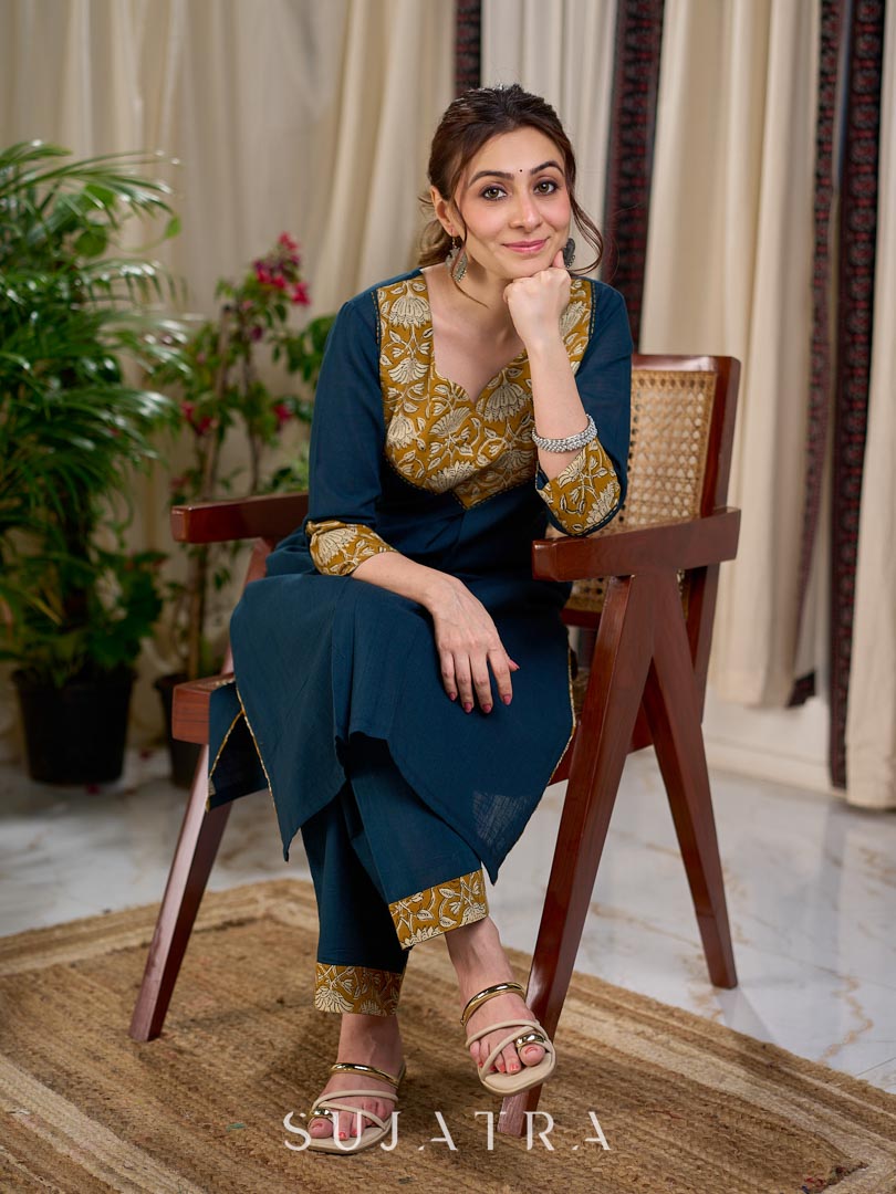 Chic Bottle Green Cotton Kurta with Mustard Floral Printed Yoke & Cuff with Handcrafted Kantha
