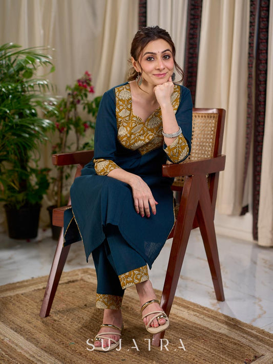 Chic Bottle Green Cotton Kurta with Mustard Floral Printed Yoke & Cuff with Handcrafted Kantha