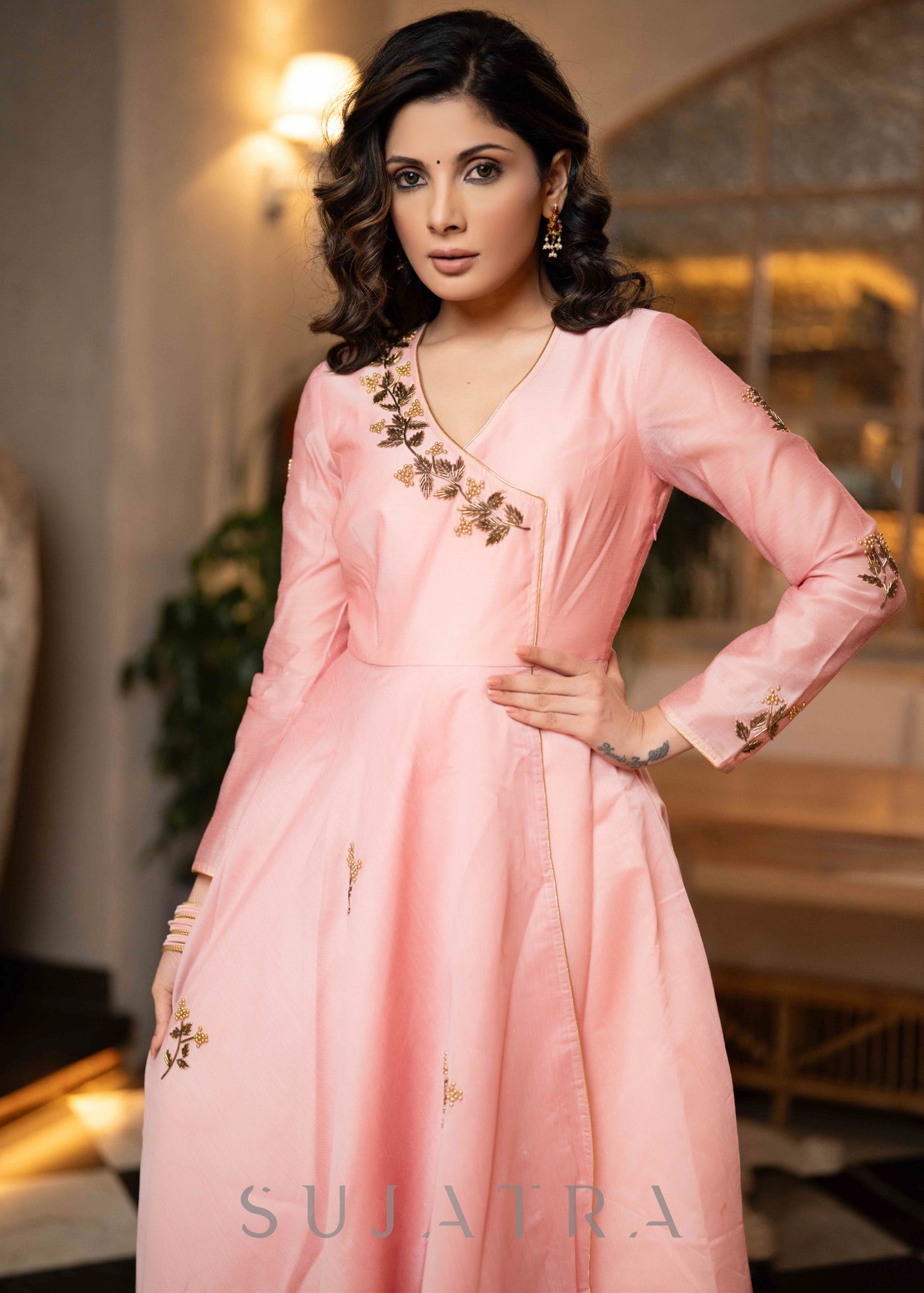 Classy Peach Chanderi Flared Kurta with hand embroidery