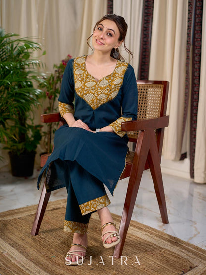 Chic Bottle Green Cotton Kurta with Mustard Floral Printed Yoke & Cuff with Handcrafted Kantha