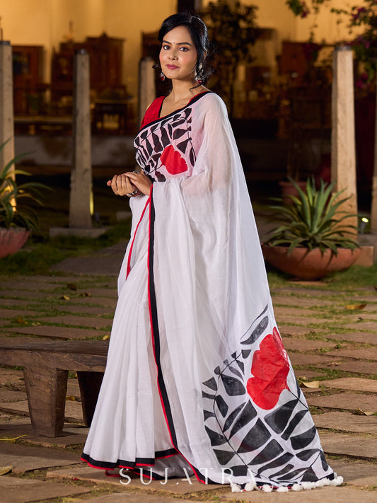 Classic White Mul Cotton Saree with Bold Hand Painting