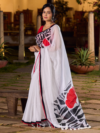 Elegant White Mul Cotton Saree with Bold Hand Painting