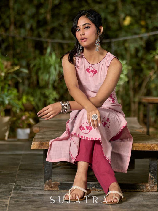 Breezy Blush Pink Cotton Kurta with Artistic Hand Block Print