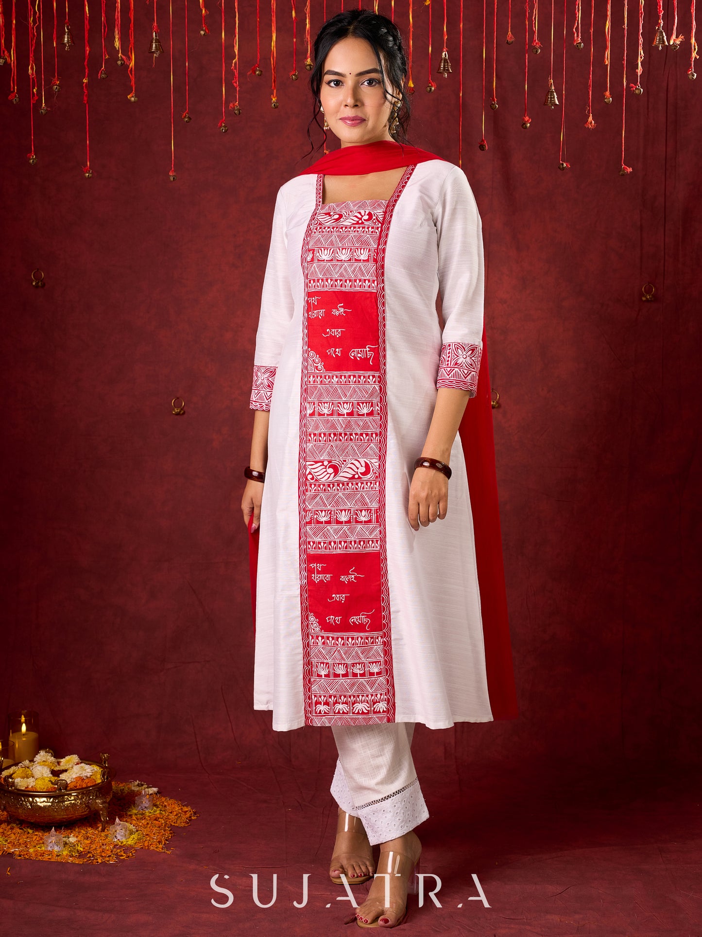Beautiful hand-painted kurta in soft cotton-silk, perfect for special occasions - Pant and Dupatta optional.