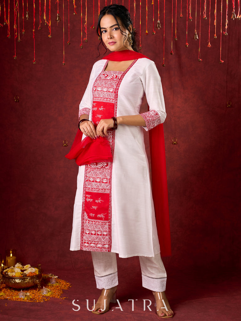 Beautiful hand-painted kurta in soft cotton-silk, perfect for special occasions - Pant and Dupatta optional.