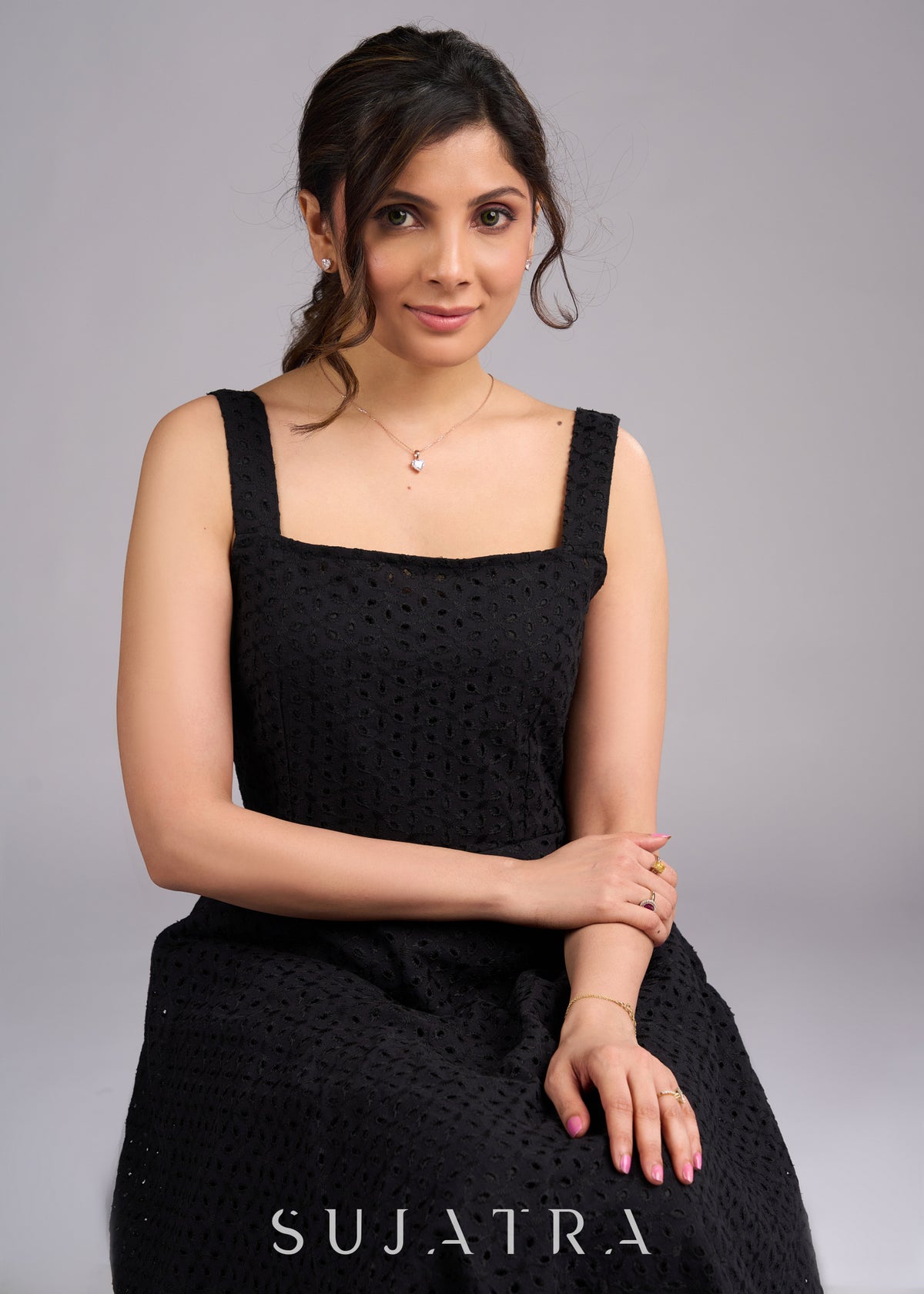 Dussehra Sale — Classic Black Hakoba Flared Strappy Dress
