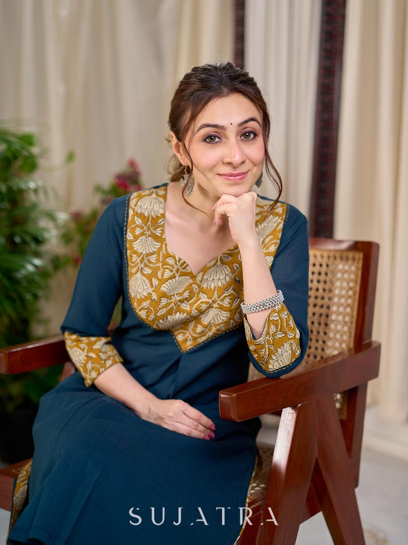 Chic Bottle Green Cotton Kurta with Mustard Floral Printed Yoke & Cuff with Handcrafted Kantha
