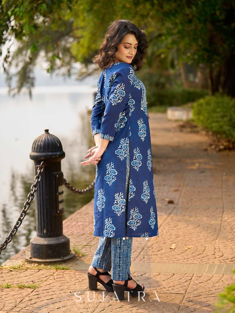 Indigo Bloom Print Kurta with Asymmetric Stripe Panel and Coin Embellishments