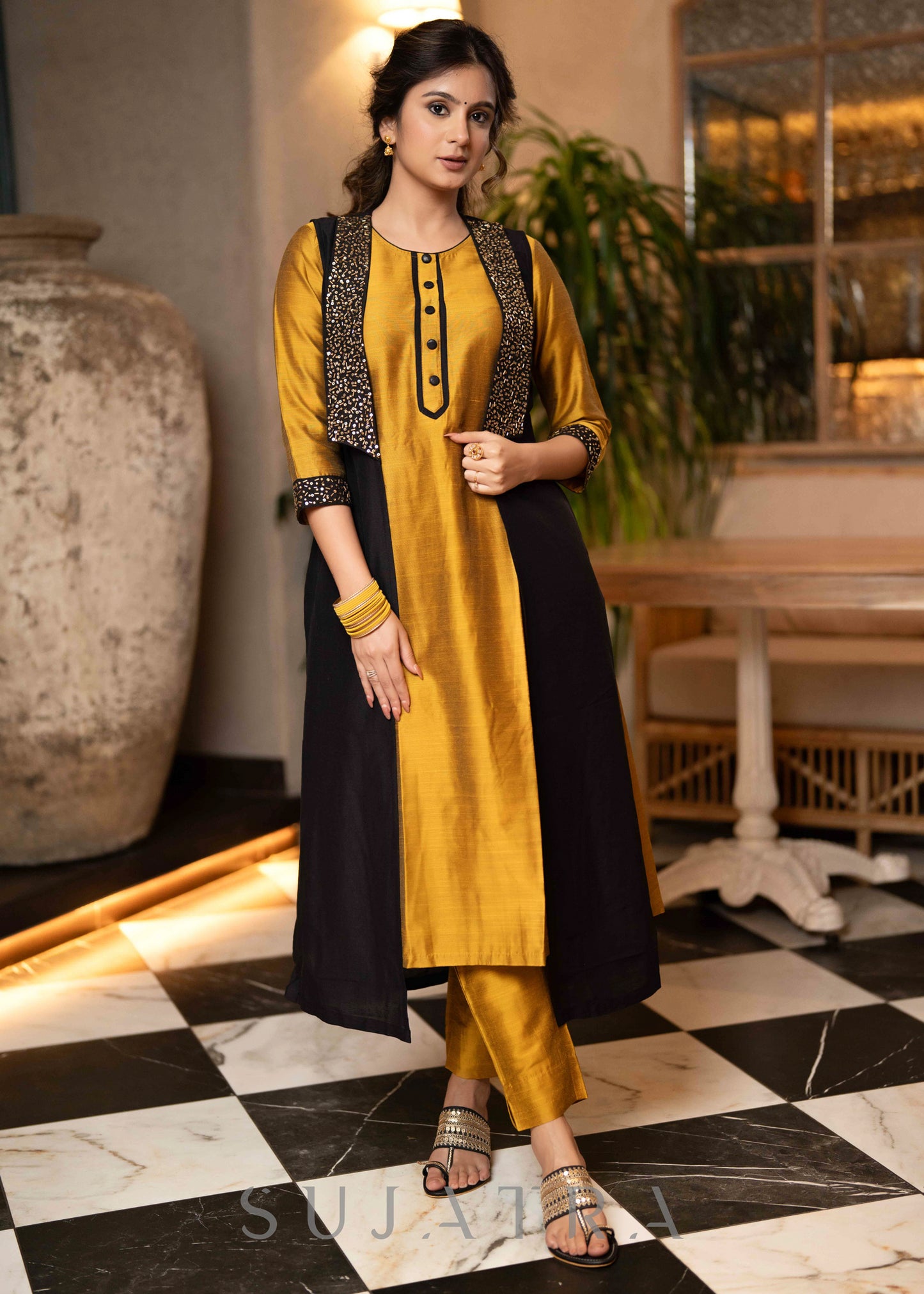 Beautiful mustard cotton silk kurta with stone work on sleeves