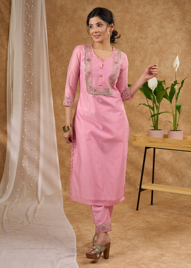 Elegant baby pink Chanderi kurta with embroidered lace Pant Optional