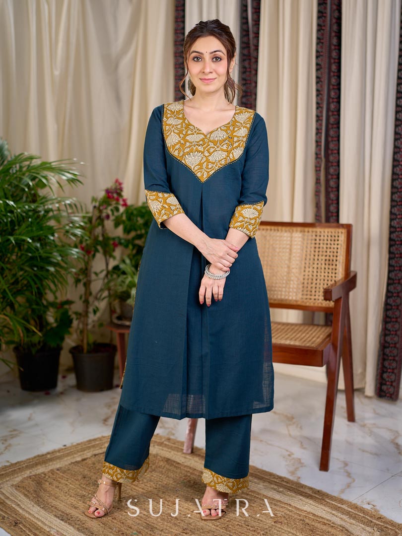 Chic Bottle Green Cotton Kurta with Mustard Floral Printed Yoke & Cuff with Handcrafted Kantha