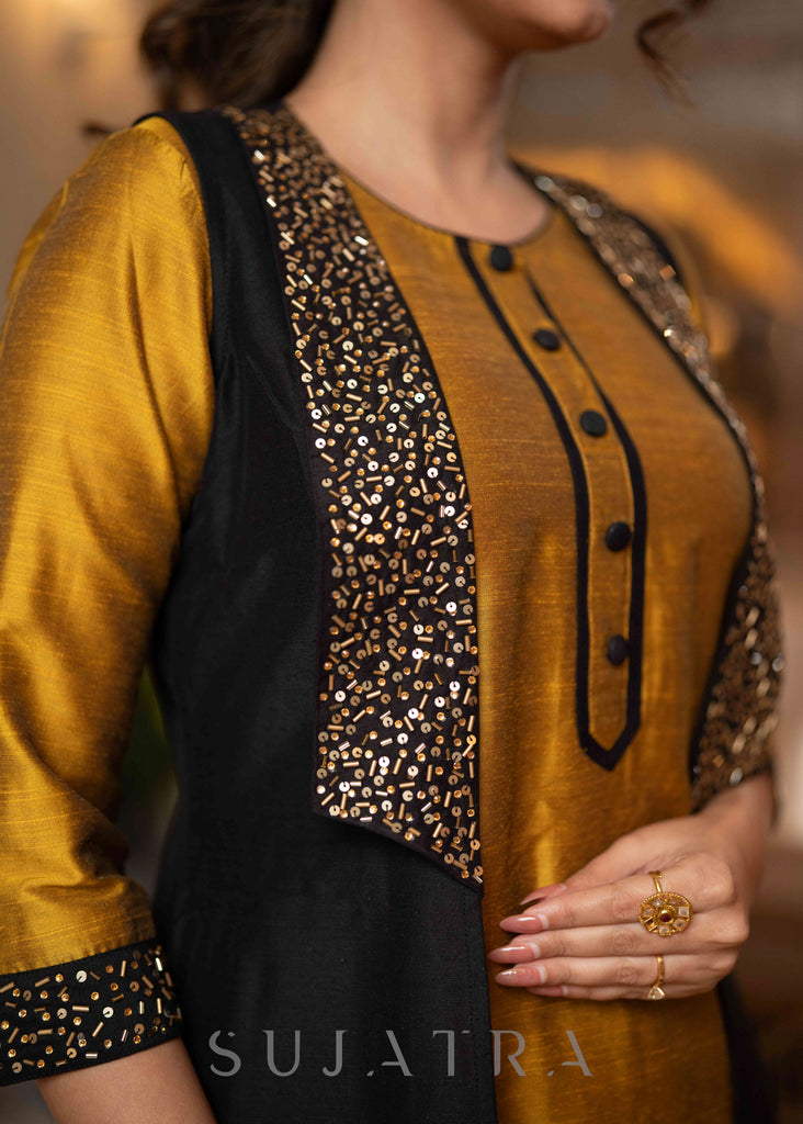 Hand Embroidered Black Jacket With Mustard Cotton Silk Kurta  - Pant Optional