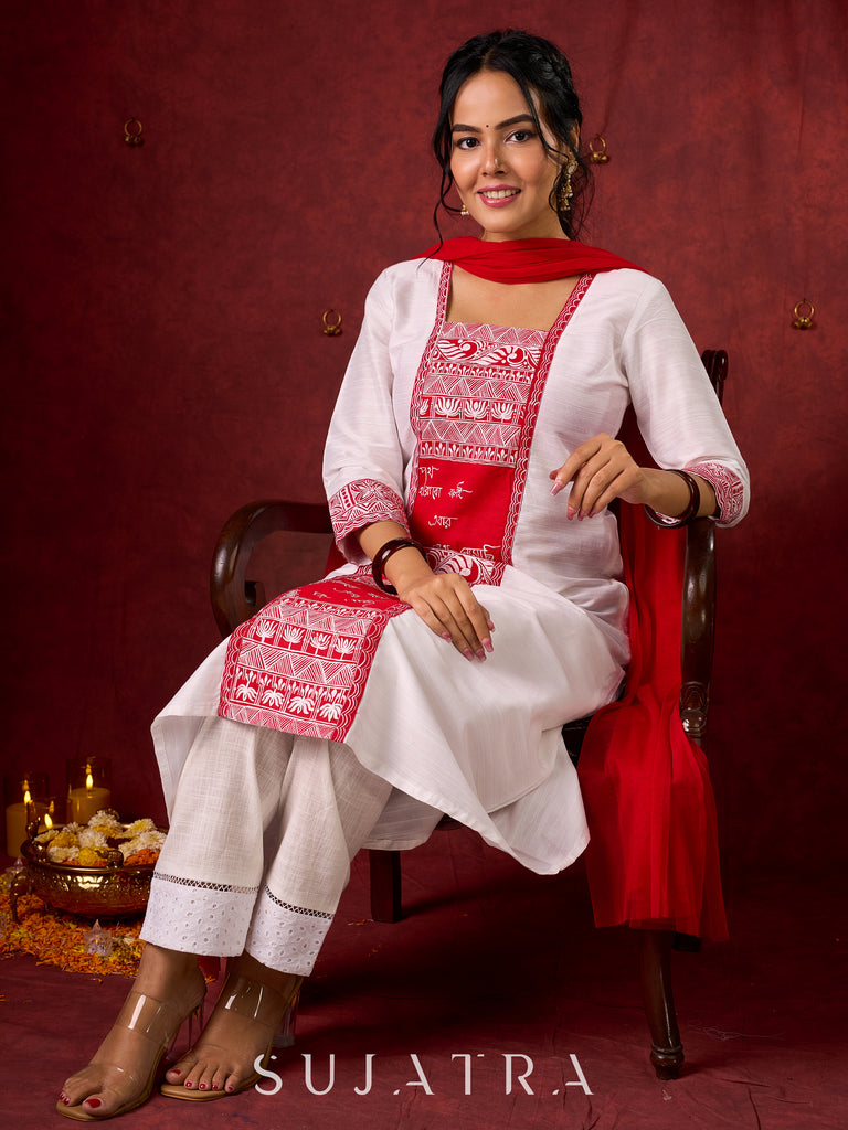 Beautiful hand-painted kurta in soft cotton-silk, perfect for special occasions - Pant and Dupatta optional.