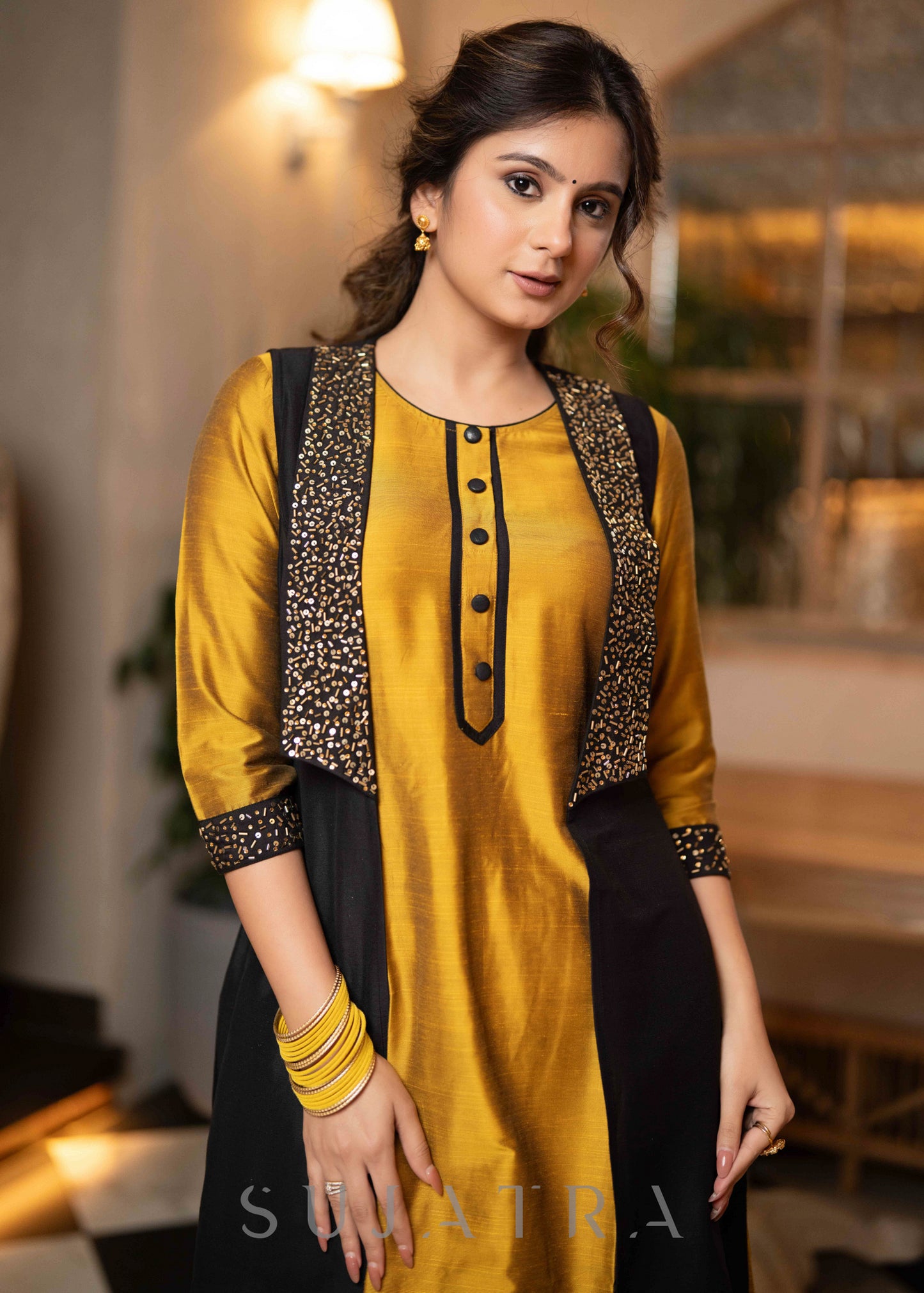 Beautiful mustard cotton silk kurta with stone work on sleeves