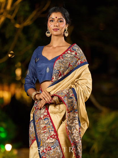 Folk-Inspired Golden Assam Silk Saree with Kalamkari Embroidered Border & Trim