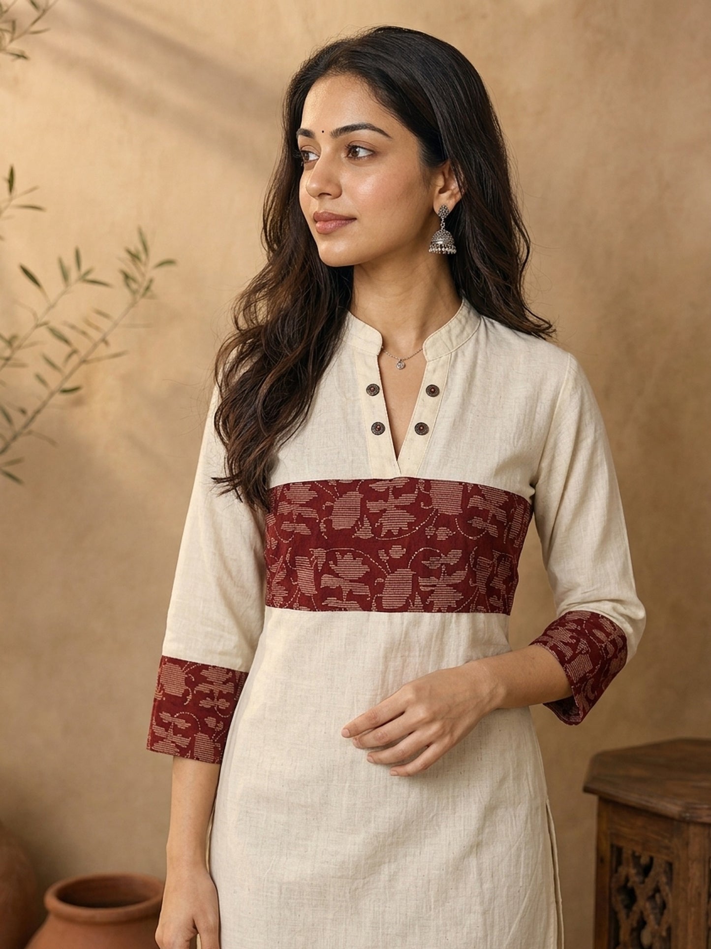 Classic Off-White Cotton Flex Kurta Featuring Bold Rust Ikat Empire Waist Panel & Collared Neckline