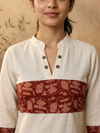 Classic Off-White Cotton Flex Kurta Featuring Bold Rust Ikat Empire Waist Panel & Collared Neckline