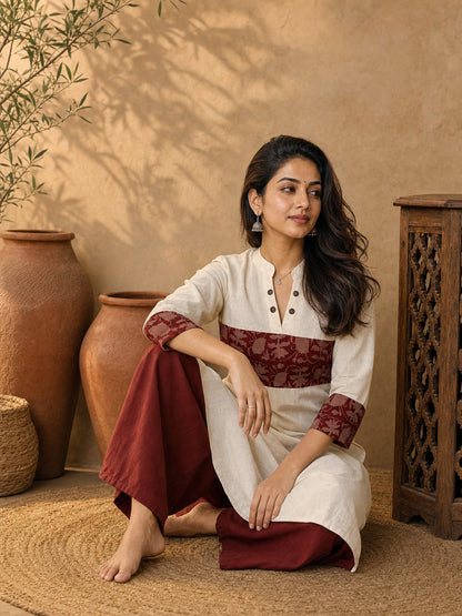 Classic Off-White Cotton Flex Kurta Featuring Bold Rust Ikat Empire Waist Panel & Collared Neckline