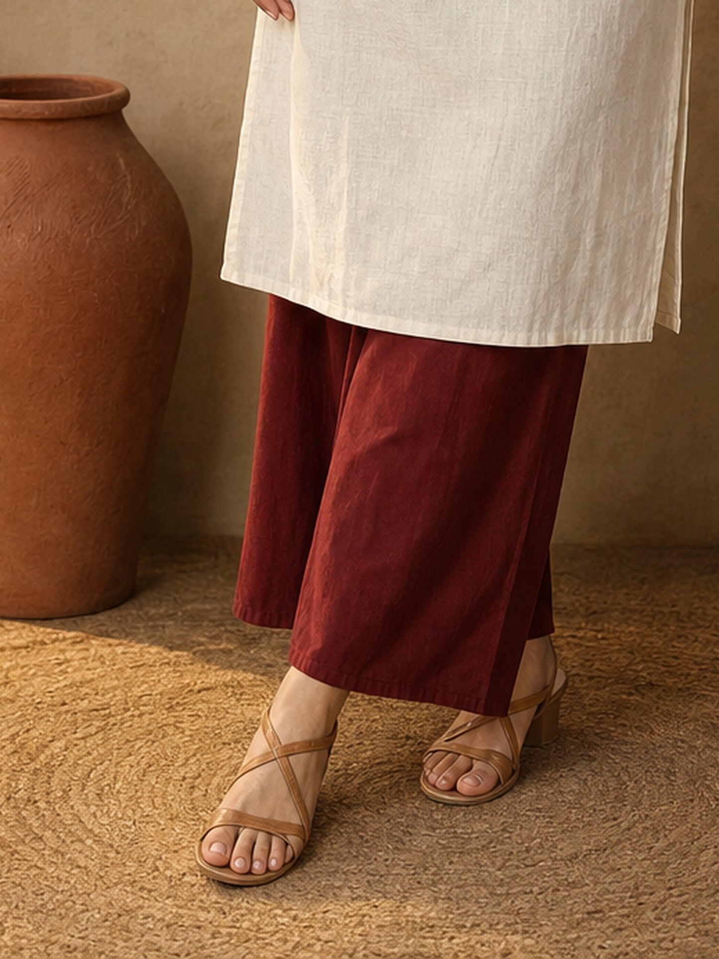 Maroon Cotton Flared Palazzo Pants