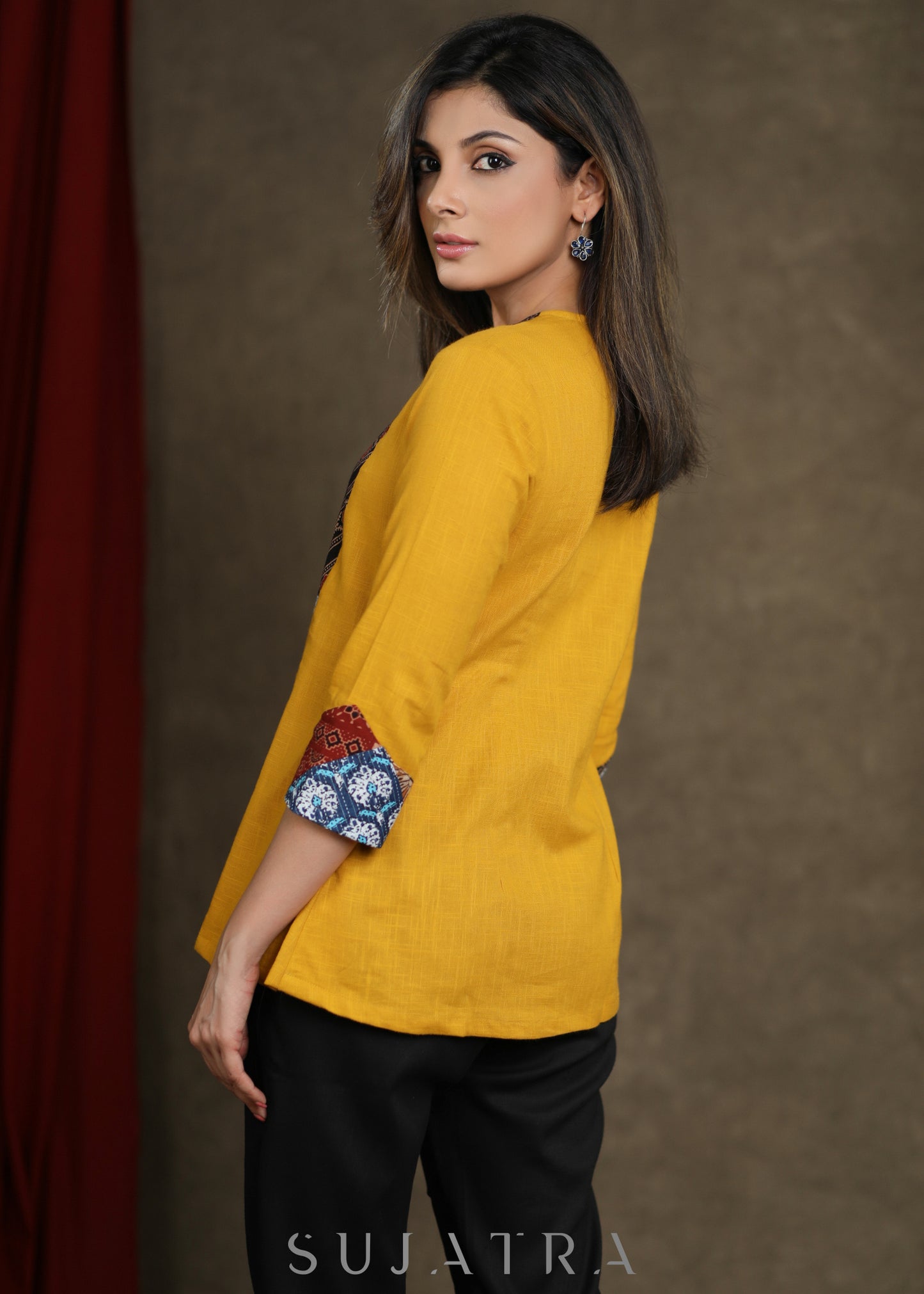 Mustard Cotton Top with Ajrakh Patchwork Yoke