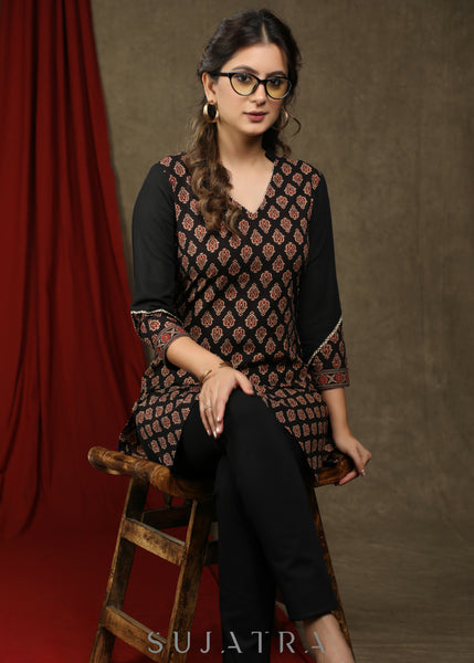 Exclusive black cotton ajrakh combination tunic