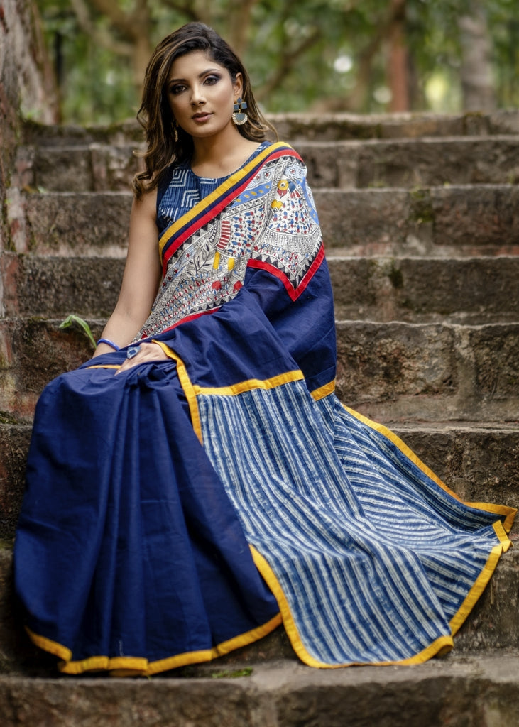 Graceful Indigo Saree with stone Embellishment, Maroon Cotton Silk Pallu and Benarasi Border