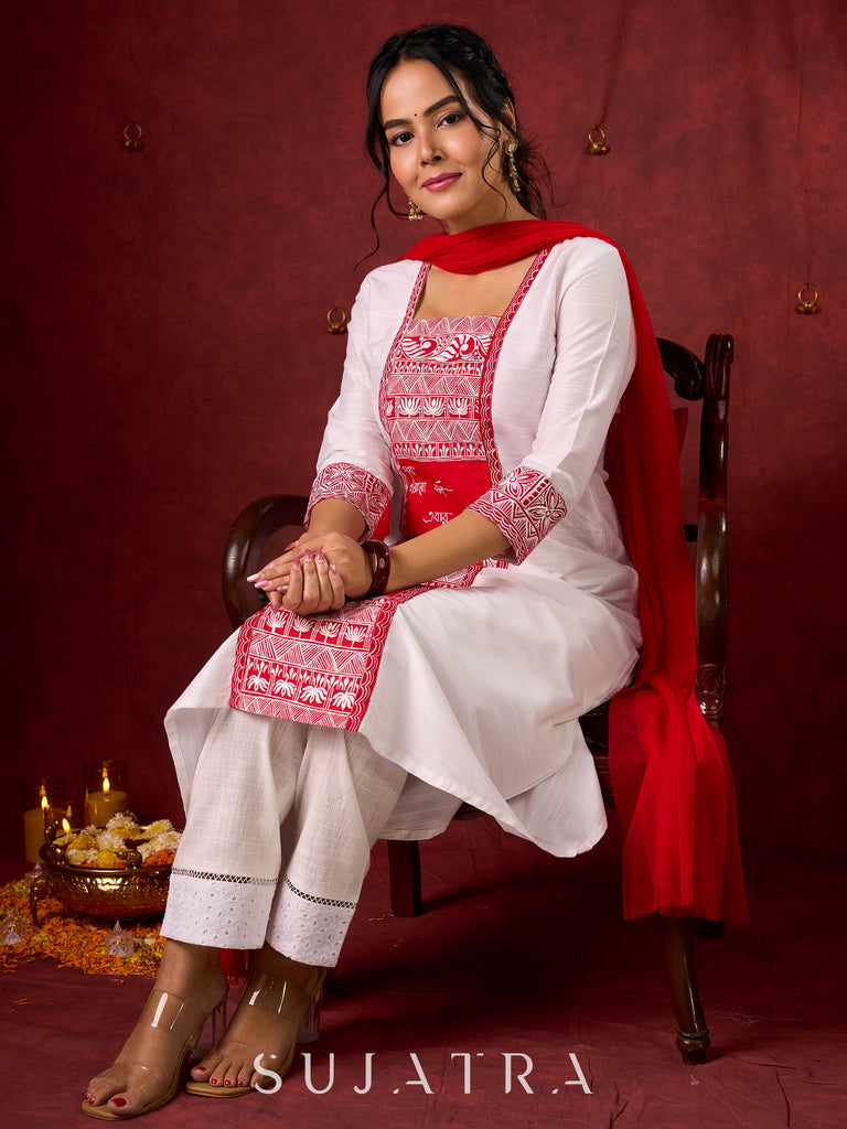 Beautiful hand-painted kurta in soft cotton-silk, perfect for special occasions - Pant and Dupatta optional.