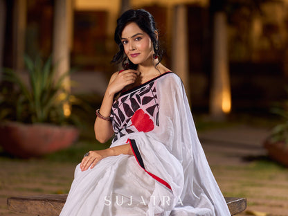 Elegant White Mul Cotton Saree with Bold Hand Painting