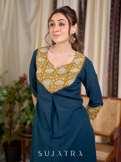 Chic Bottle Green Cotton Kurta with Mustard Floral Printed Yoke & Cuff with Handcrafted Kantha