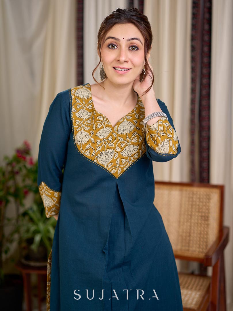 Chic Bottle Green Cotton Kurta with Mustard Floral Printed Yoke & Cuff with Handcrafted Kantha