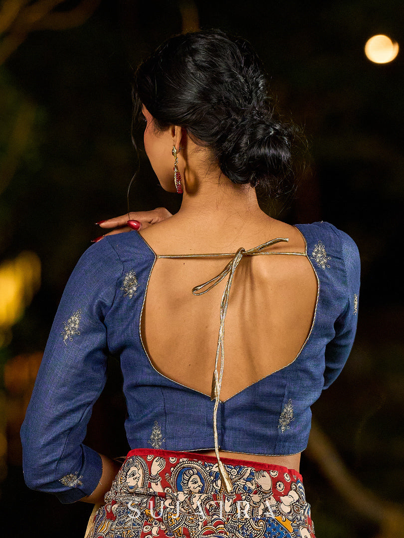 Folk-Inspired Golden Assam Silk Saree with Kalamkari Embroidered Border & Trim