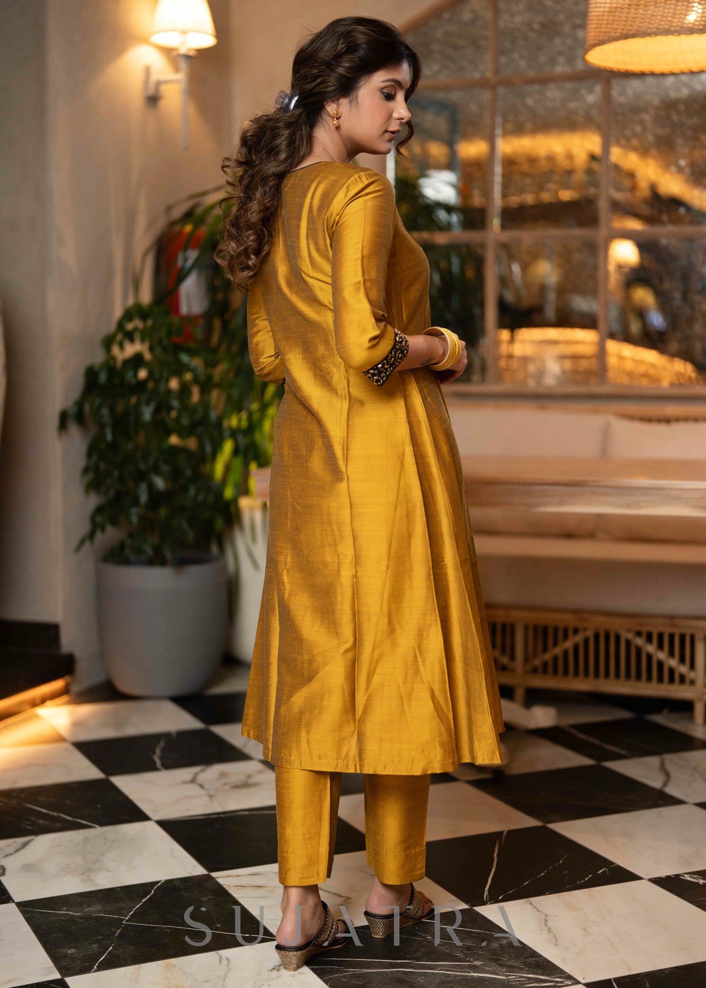 Beautiful mustard cotton silk kurta with stone work on sleeves