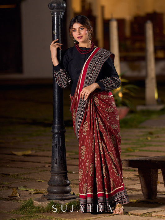Classic Maroon Ajrakh Print Cotton Saree with Geometric Border