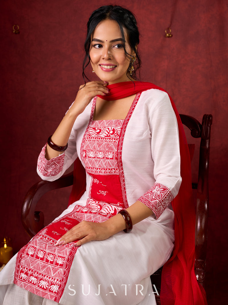 Beautiful hand-painted kurta in soft cotton-silk, perfect for special occasions - Pant and Dupatta optional.