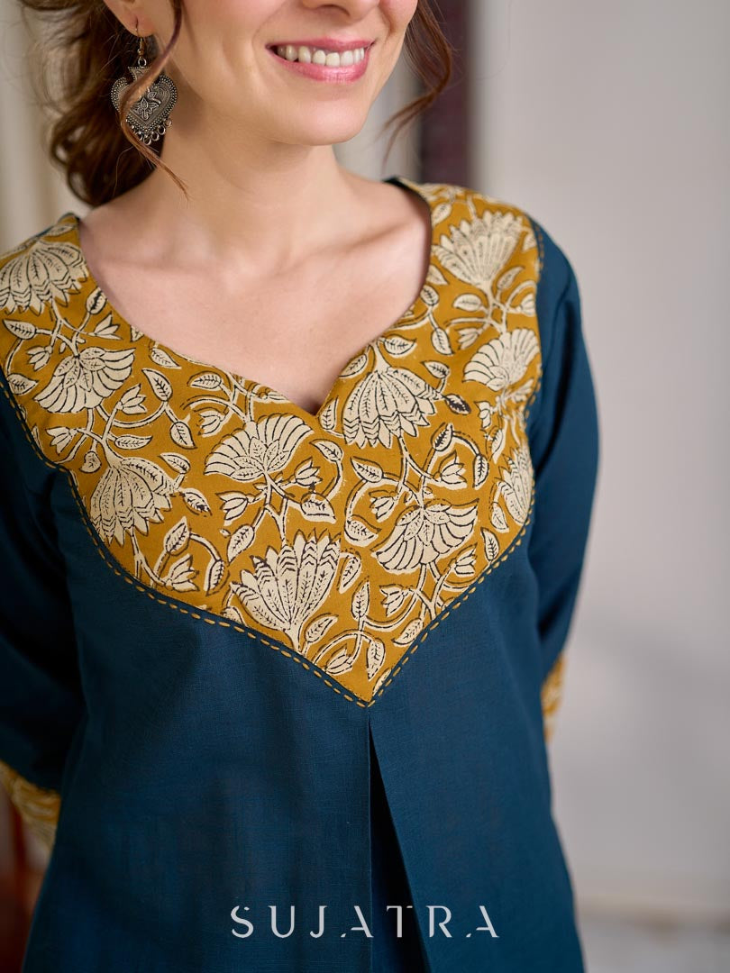 Chic Bottle Green Cotton Kurta with Mustard Floral Printed Yoke & Cuff with Handcrafted Kantha