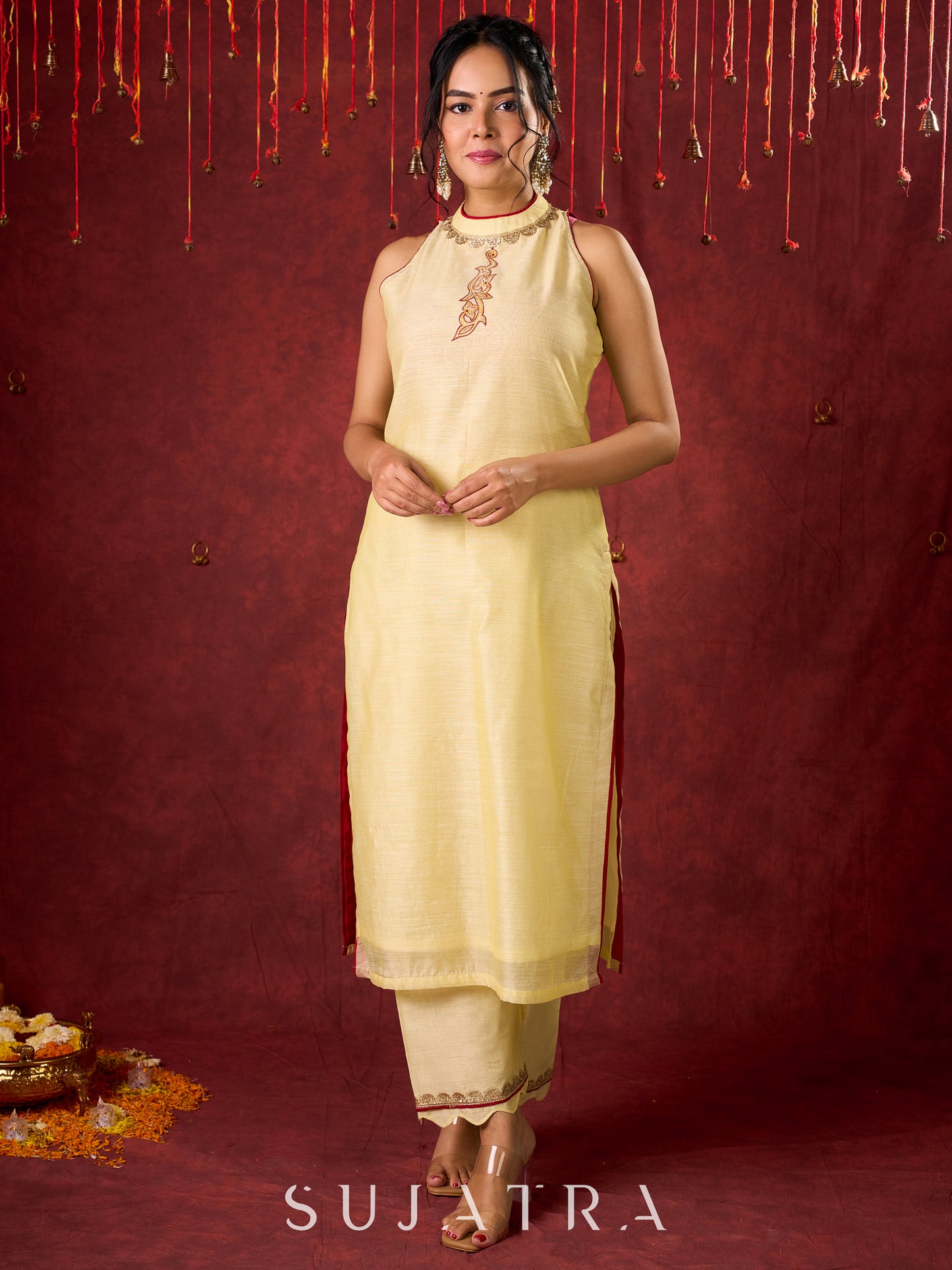 Elegant halter neck kurta in soft Chanderi with hand-painted art pant n dupatta optional