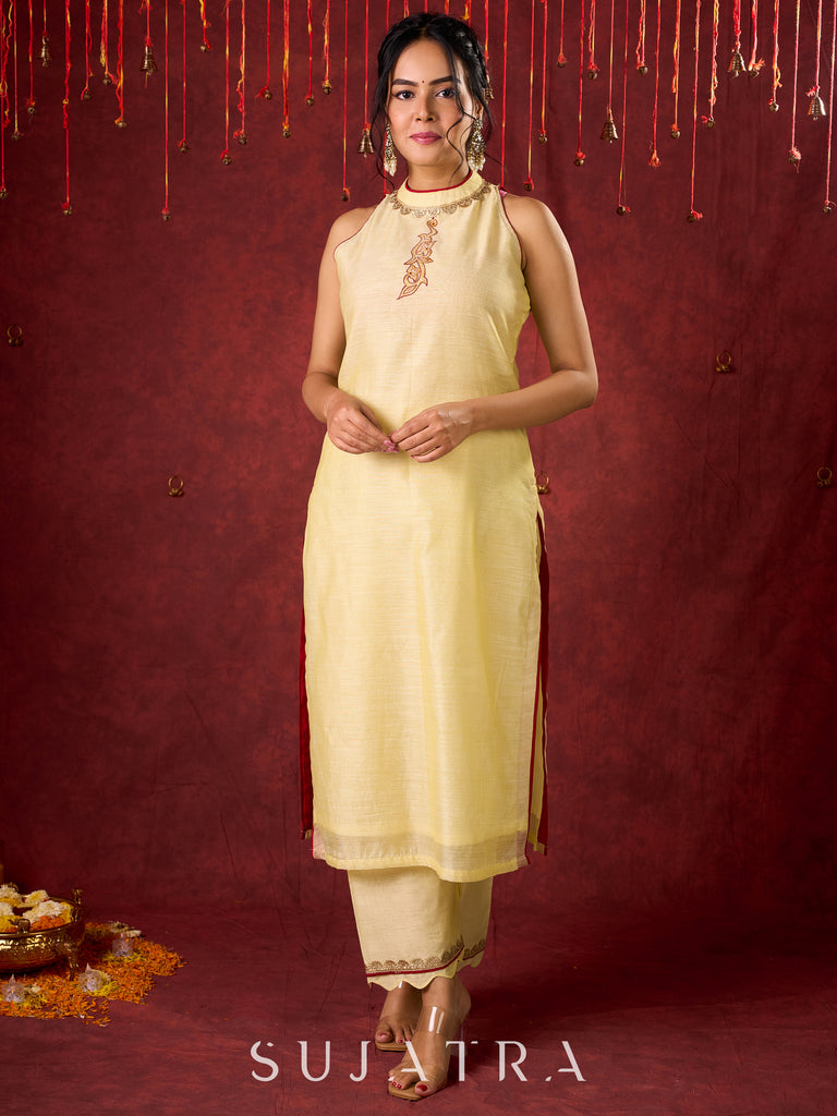 Elegant halter neck kurta in soft Chanderi with hand-painted art pant n dupatta optional