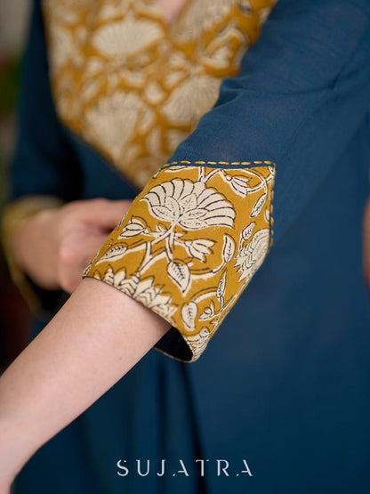 Chic Bottle Green Cotton Kurta with Mustard Floral Printed Yoke & Cuff with Handcrafted Kantha