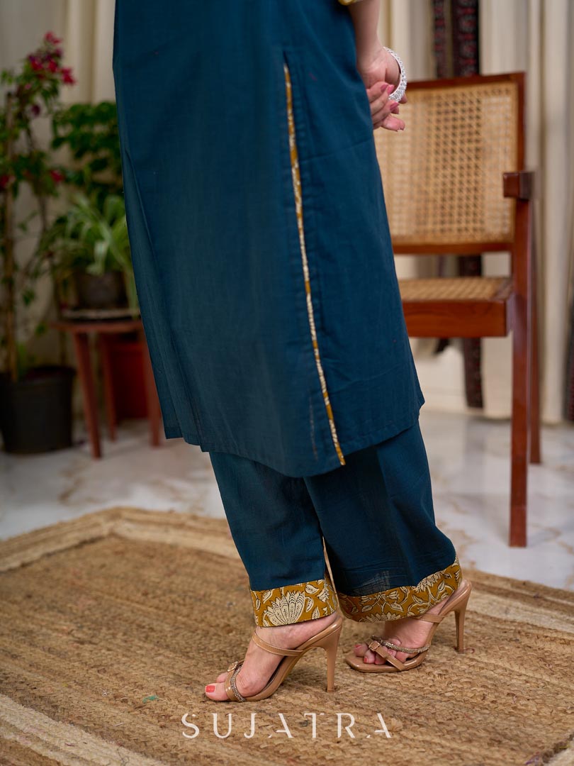 Chic Bottle Green Cotton Kurta with Mustard Floral Printed Yoke & Cuff with Handcrafted Kantha