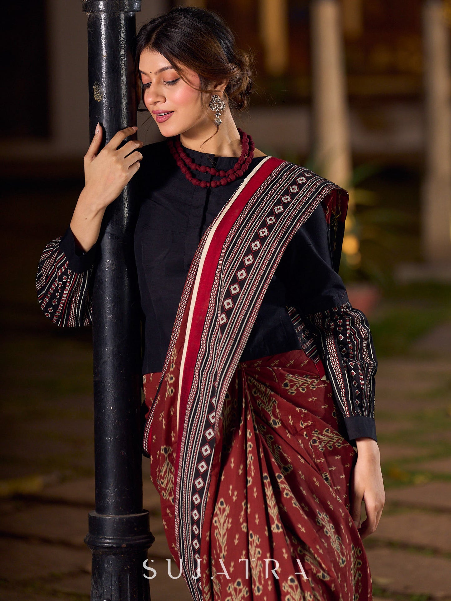 Chic Black Cotton Silk Long Blouse with Statement Bishop Sleeves