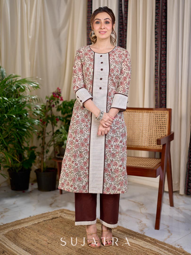 Cream Floral Hand Block Print Mul Cotton Kurta with Handwoven Ivory Center Panel and Brown Button Detail