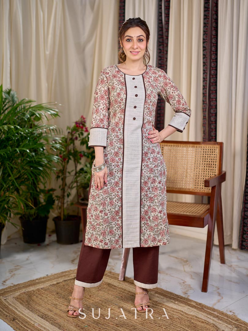 Cream Floral Hand Block Print Mul Cotton Kurta with Handwoven Ivory Center Panel and Brown Button Detail