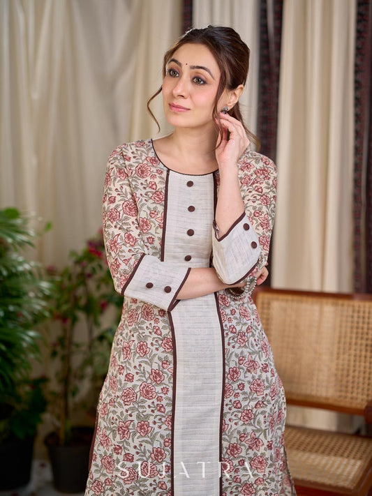 Cream Floral Hand Block Print Mul Cotton Kurta with Handwoven Ivory Center Panel and Brown Button Detail