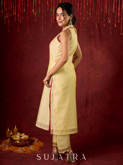 Elegant halter neck kurta in soft Chanderi with hand-painted art pant n dupatta optional